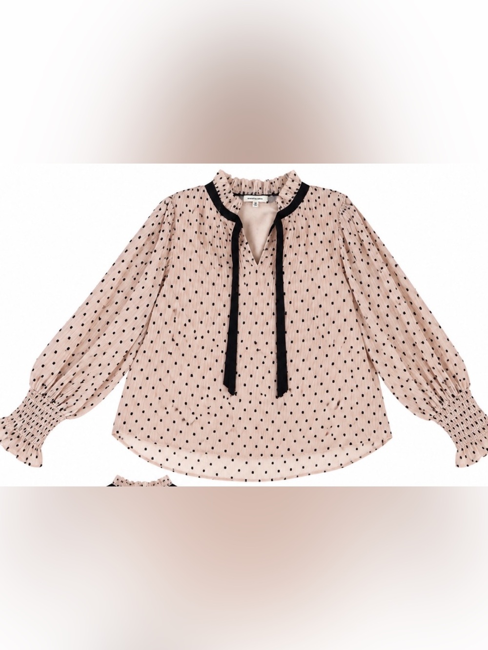 Max Studio XS Blush Black Polka Dot Ruffle Tie Neck Blouse